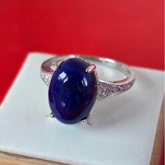Natural Lapis Lazuli & CZ 925 Sterling Silver Ring - Picture 6 of 8